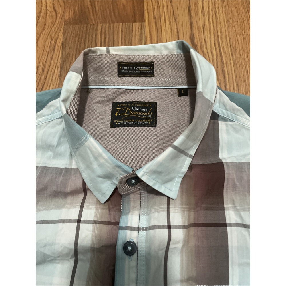 7 Diamonds Shirt Mens Large Plaid Button Up Cotton Short Sleeve Blue - Picture 4 of 13